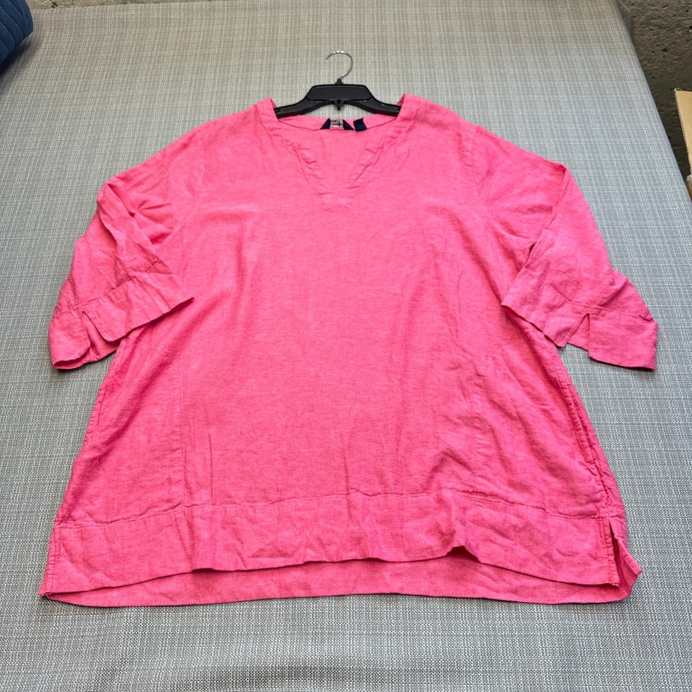 Coastal Lands End Linen Blend V Neck Tunic‎ Top XXL 3/4 Sleeve Pockets Travel